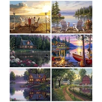 gatyztory frame lakeside scenery diy painting by numbers handpainted landscape oil painting artwork canvas colouring home decor