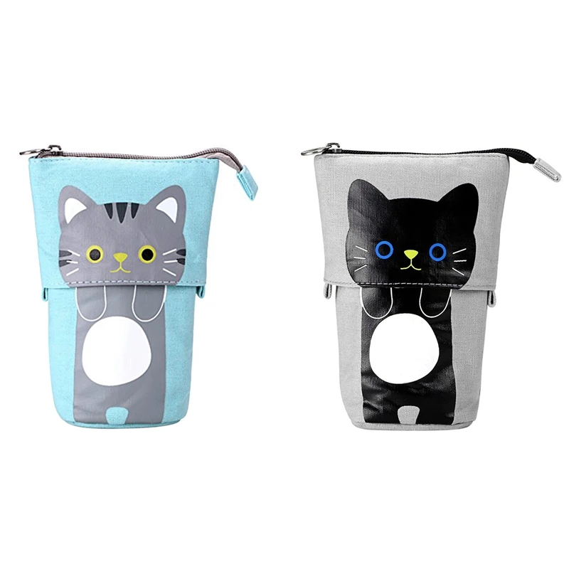 

2Pcs Pencil Case Cute Carton Stand Up Pencil Holder Stationery Kids Gift Cosmetics Pouch For Students,Blue & Black