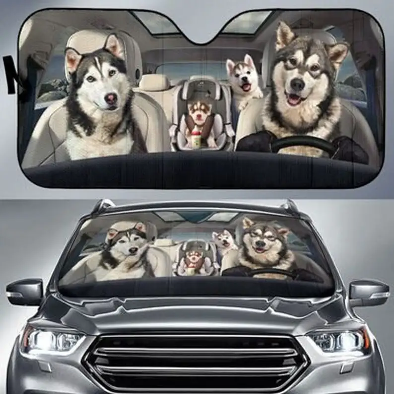 

Husky Family Funny Safe Driver Auto Sun Shade Customized Gift Windshield Sunshade, Custom Animal Pattern Sunshade,STYLE FOR CAR