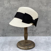 japanese style big bow straw braided flat top equestrian hat womens summer short eaves flat cap travel sunscreen beach hat