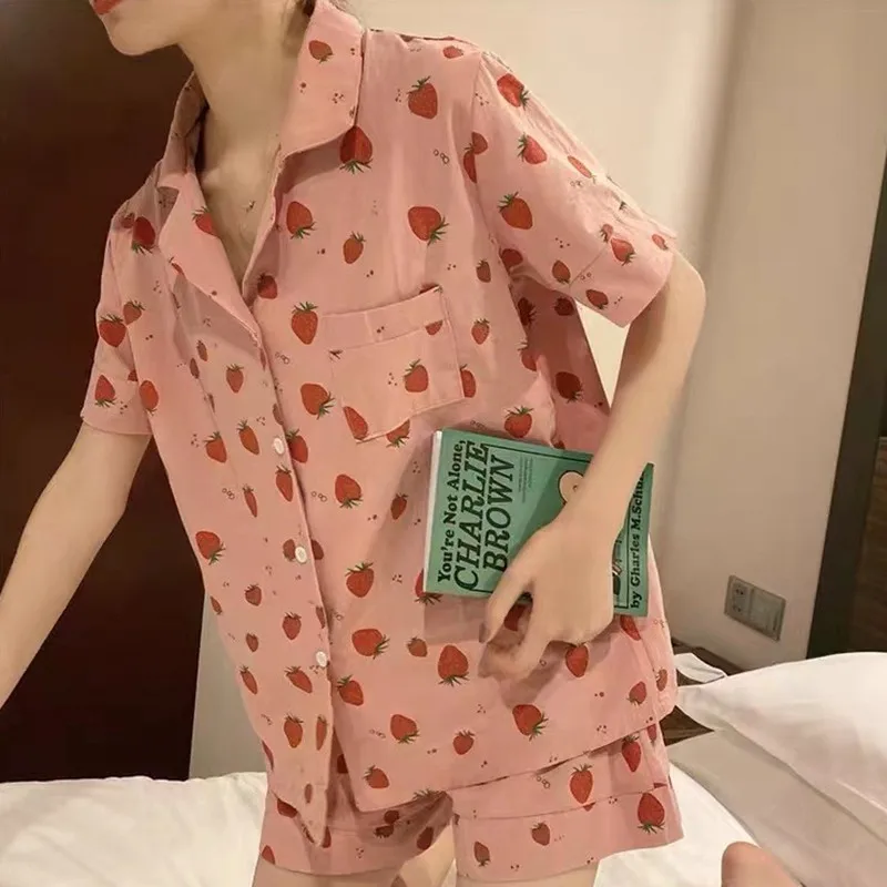 

Pajama Sets Turn-down Collar Short Sleeve Women Summer Strawberry Printed Cartoon Thin Kawaii Trendy Womens 2pcs Pyjamas Elegant