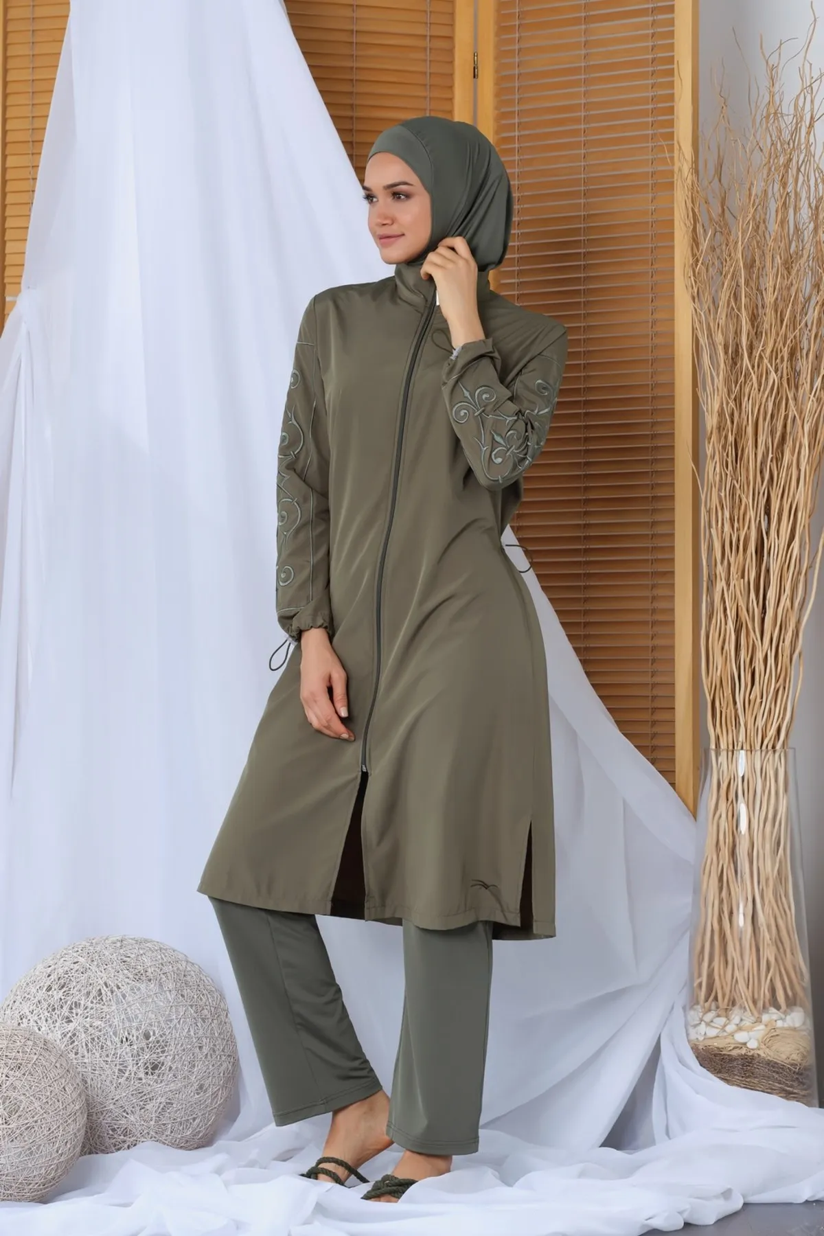 

Women Long Sleeve Embroidered Pants Hijab Swimwear 20152 Khaki