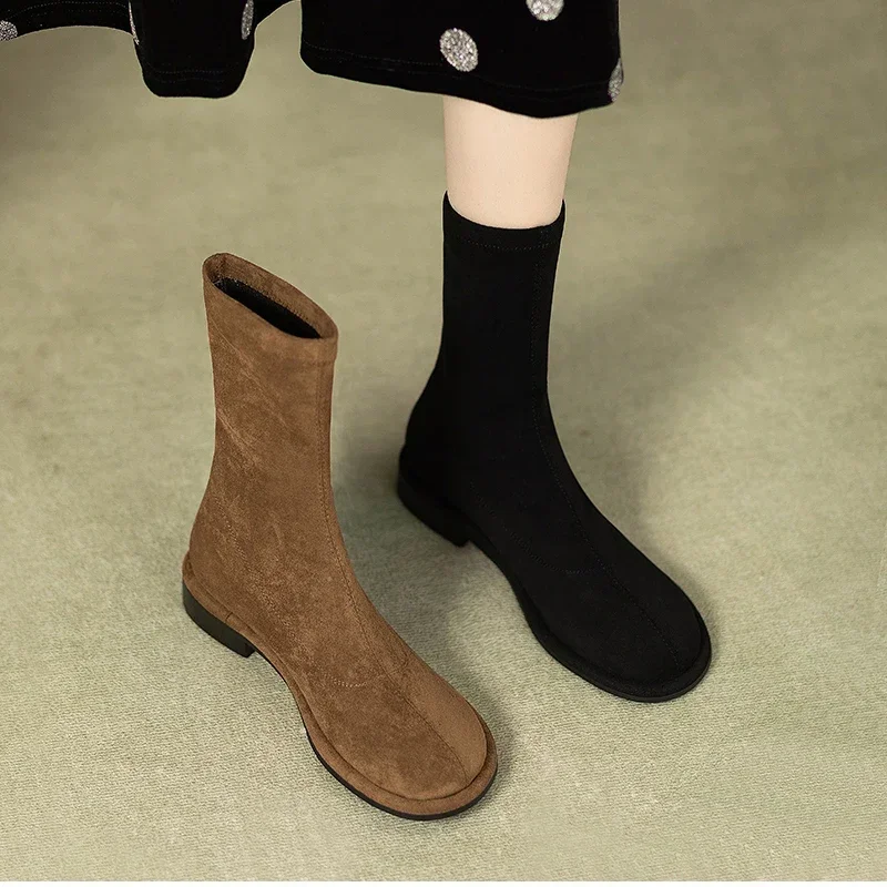 Осенние винтажные женские эластичные ботинки на плоской подошве модные