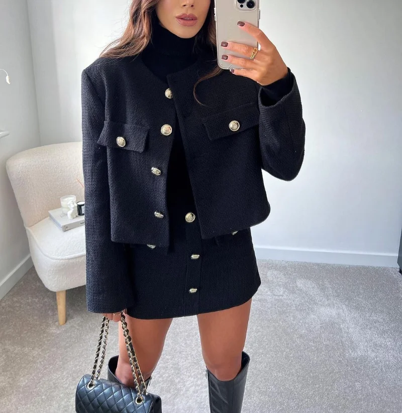 2022 Tweed Women Black Vintage Office Lady Single Breasted Blazer Female Casual Slim Short Blazer Coats Tweed Jacket Black Tops