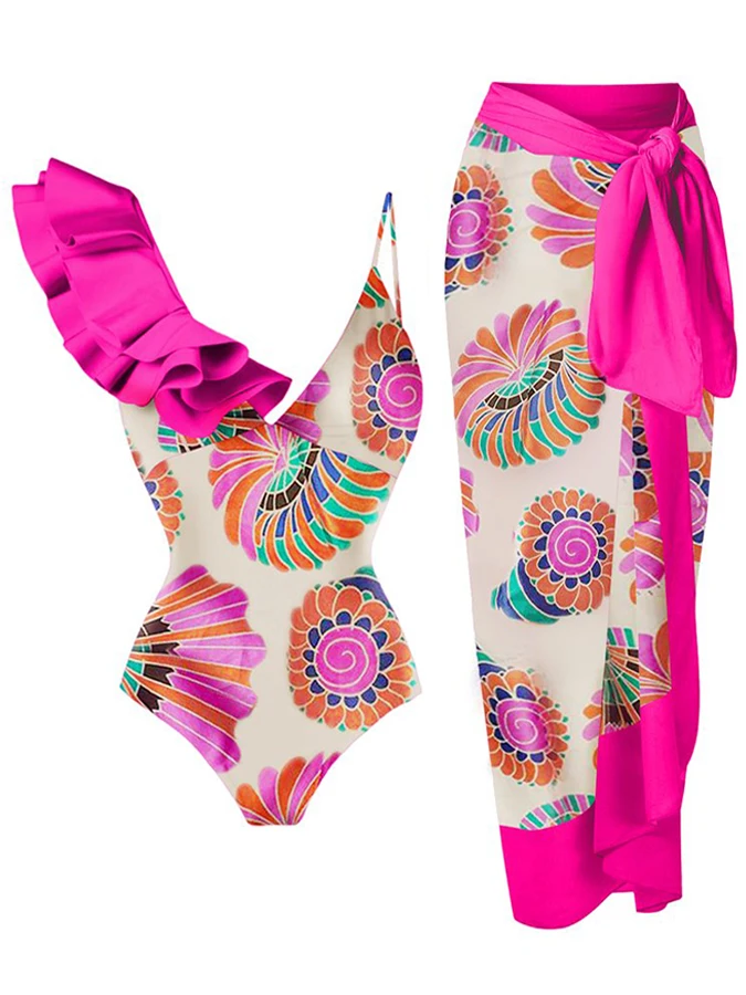 

Vintage Colorblock Print Ruffle One-Piece Swimsuit