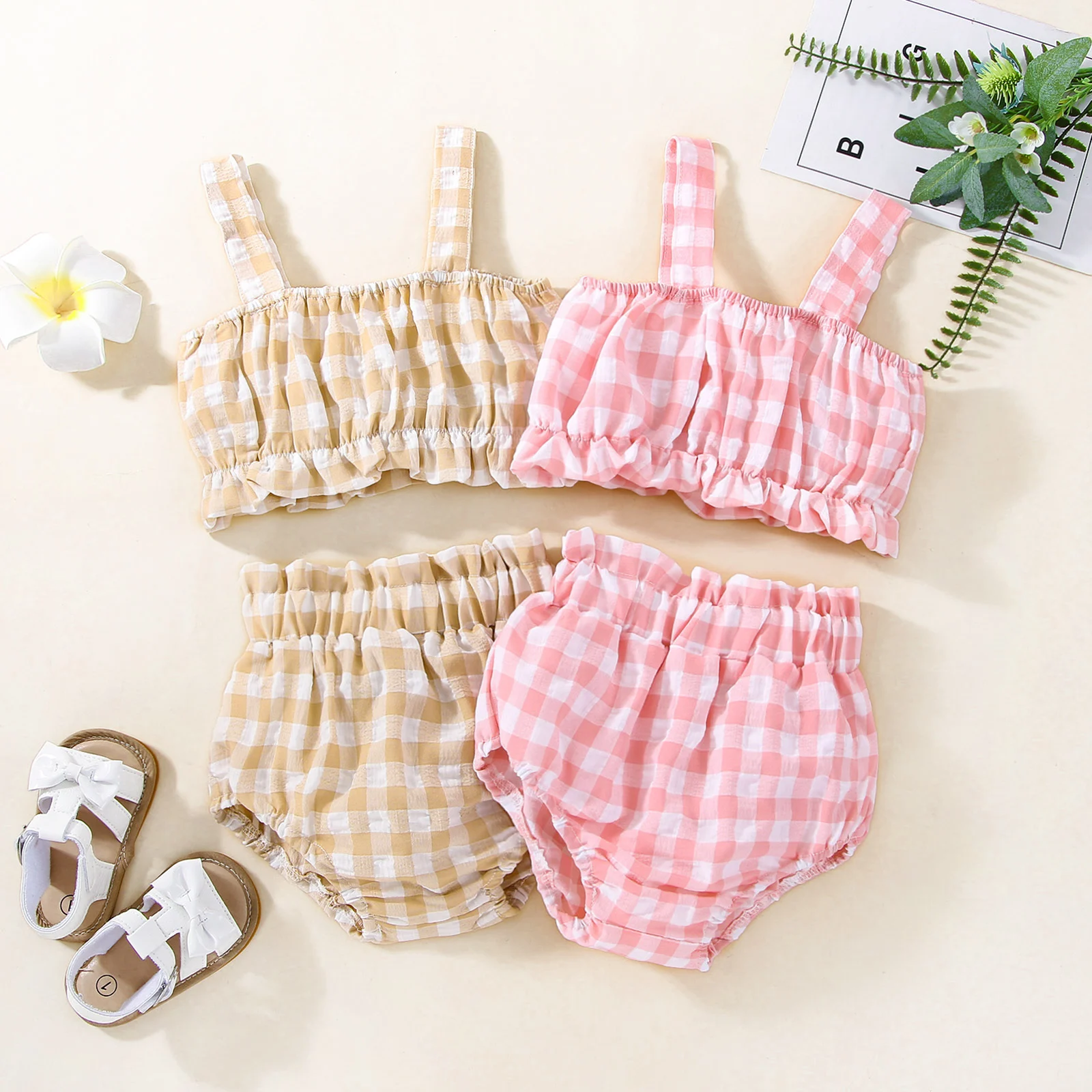 

Летние комплекты одежды для маленьких девочек, милая блузка без рукавов в клетку на бретелях и шорты с высокой талией, пляжные комплекты