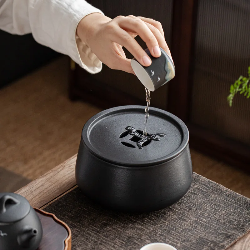 

Black Pottery Ceramic Tea Washing With Cover Large Household Tea Residue Jar Jianshui Bowl Cup Washing Bowl Kung Fu Tea Ceremony