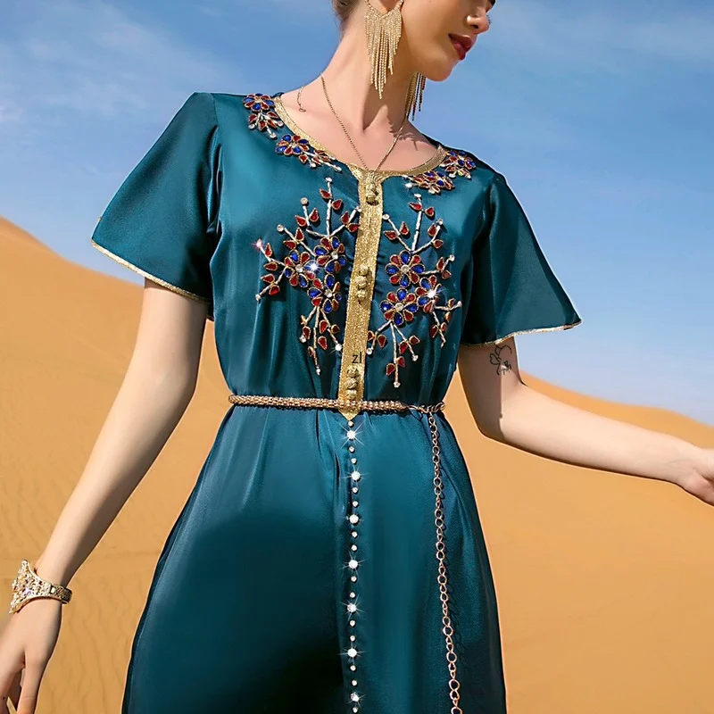 Eid Mubarak Kaftan Abaya Party Lady Turkish Dubai Caftan Dresses for Women African Summer ShortSleeve Islam Clothes Arabic Dress
