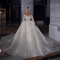 2022 sparkle glitter wedding dresses long sleeves lace sequin robe de mariage handmade sheer neck long vestido de novia