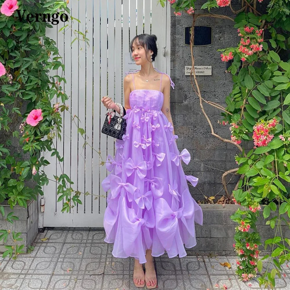 Verngo Lilac Organza Prom Dresses Bowknot Spaghetti Straps Ankle Length Fairy Evening Party Dress Lady Garden Formal Gowns  - buy with discount