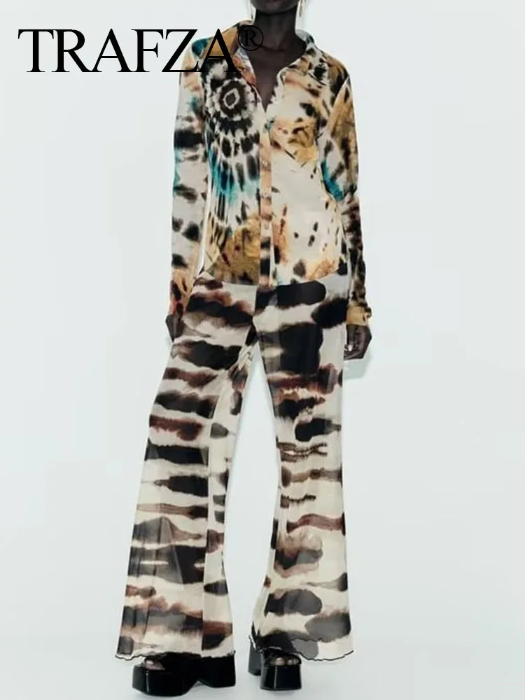 

TRAF ZA 2023 Women Fashion Loose Vintage Printed Slim Wide Leg Pants＋Woman Elegant Single-Breasted Decorate Long Sleeve Shirt