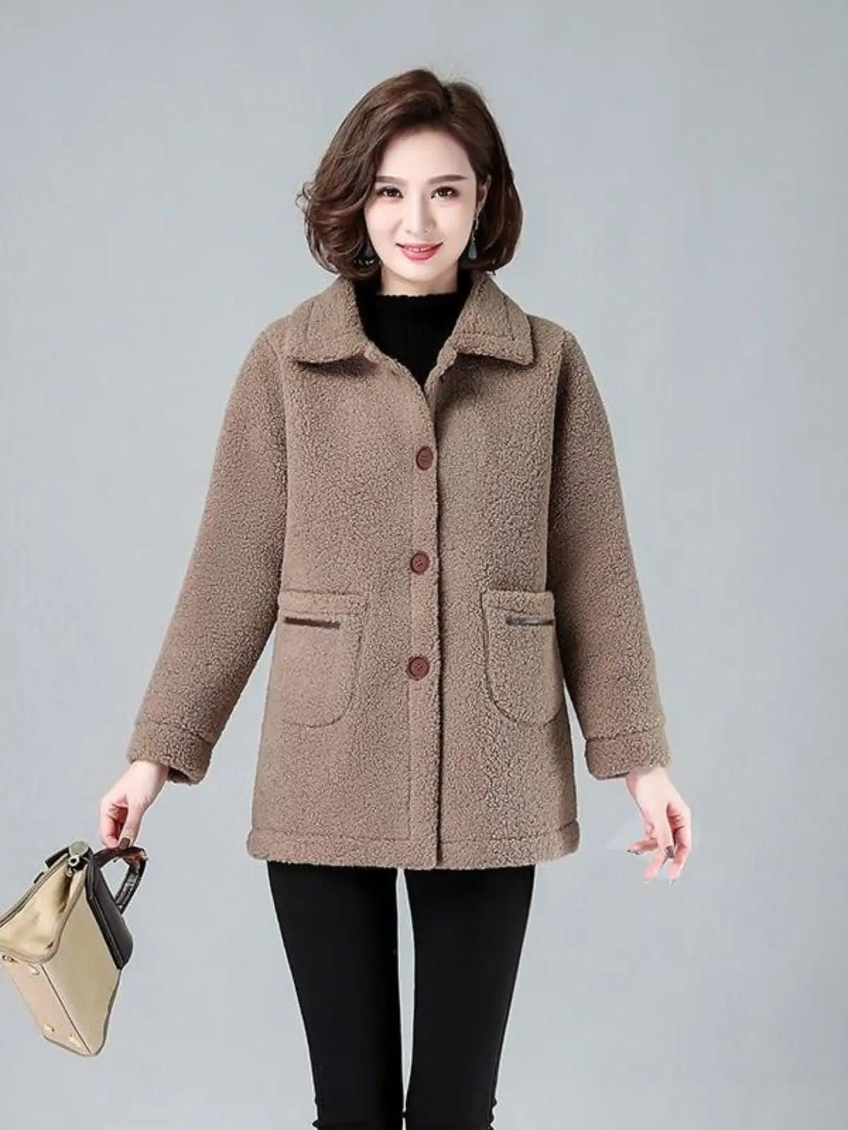 Imitation Middle-aged Women Dress Winter Thickened Top Middle-Aged and Elderly Granular Fleece Warm Cardigan Outerwear