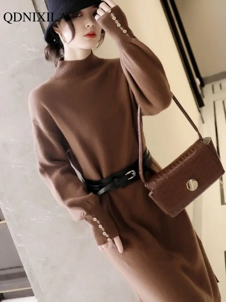 

Осенне-зимнее женское новое длинное платье с длинным рукавом и поясом украшение с высокой талией шикарные Элегантные вязаные тонкие простые платья