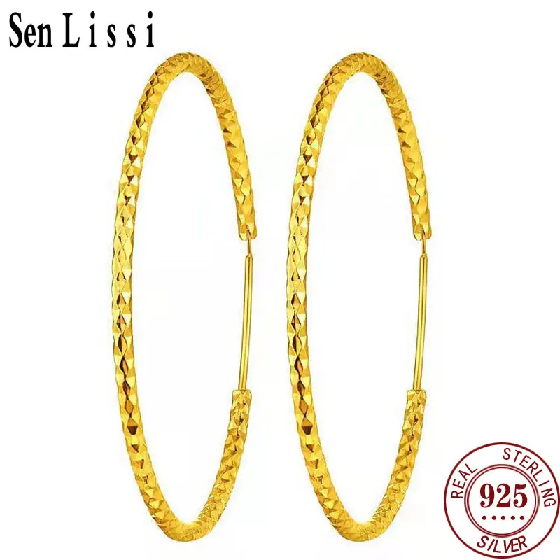 

Senlissi - New 18k Gold Plated 925 Sterling Silver Women's Hoop Earrings 2.0mm Fashion Earring Rose Gold Cерьги Kольца 30-60mm