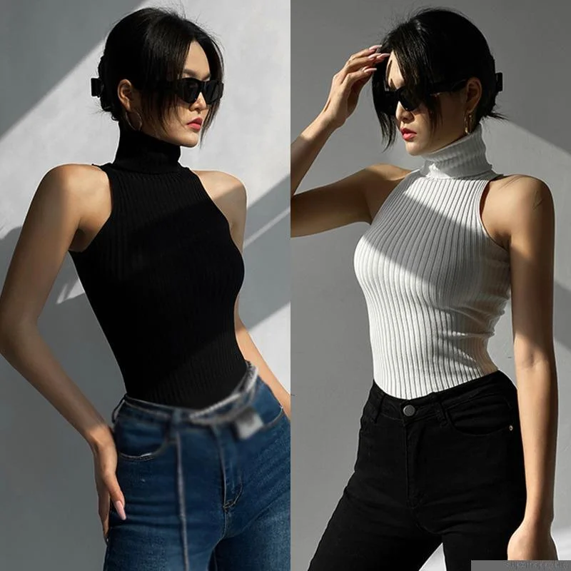 

Women Knit Tank Top Slim Sexy Sleeveless Knitted Turtleneck Solid Color Sexy Camisoles Tops