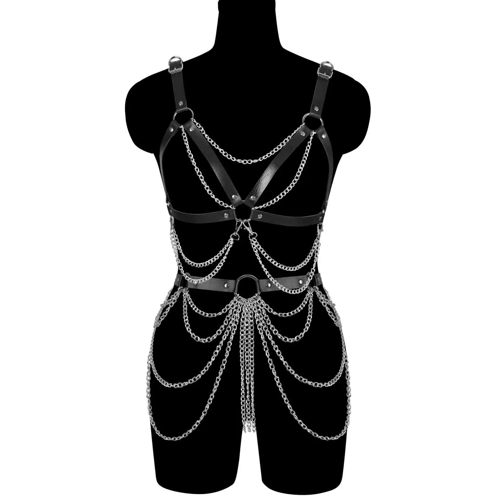 

Women Leather Crop Top Sexy Lingerie Bondage Chain Harness Set Pastel Goth Leg Garter Belt Rave Body Harness Fetish Pole Dance