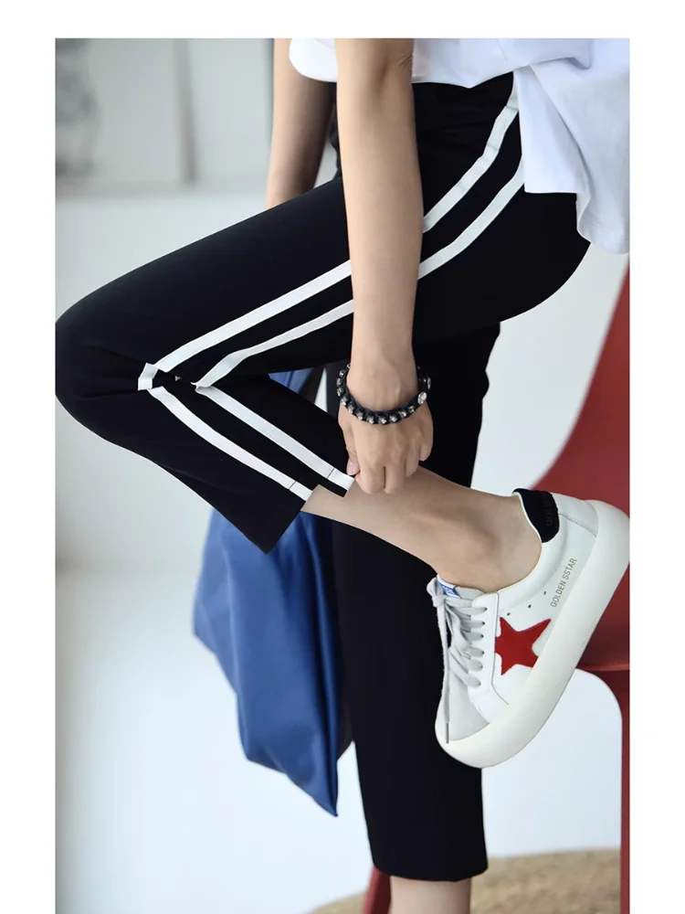 Korean Style Simple All-Match Side Side Stripe Irregularly Slimming Cropped Straight Casual Pants for Women Summer