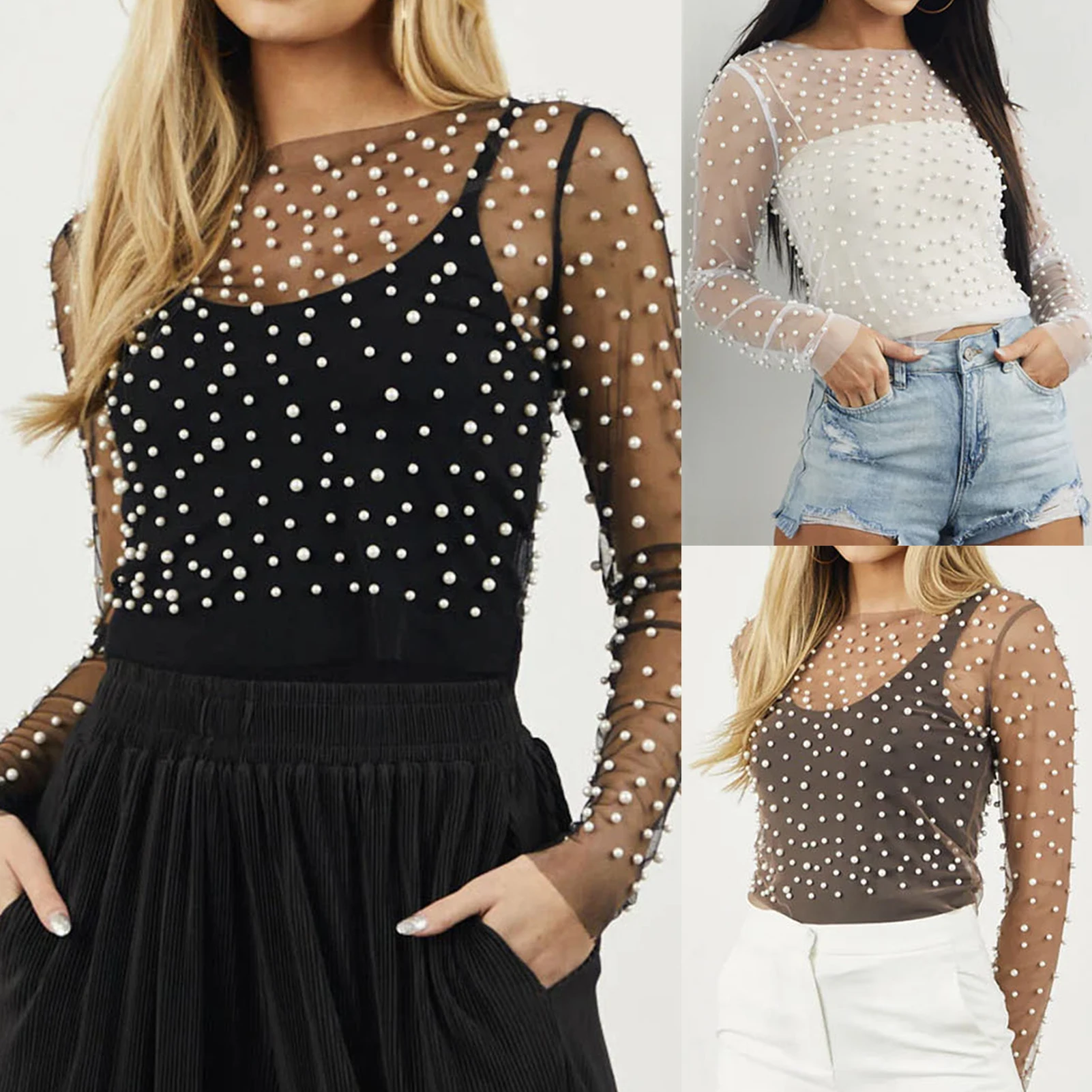 

Летний сексуальный прозрачный топ с длинным рукавом, Однотонный женский топ с круглым вырезом, модная уличная одежда, женские наряды