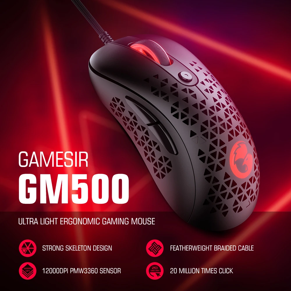 Проводная игровая мышь GameSir GM500, сверхлегкая компьютерная мышь с оптическим датчиком PMW33600 12000 DPI для Windows 7 10 11