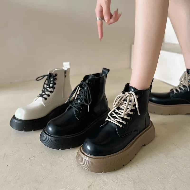 

Rock Shoes Woman Luxury Designer Lady Boots Flat Heel Lace Up Round Toe Boots-Women Fashion Autumn Riding Lolita Ankle Med 2022