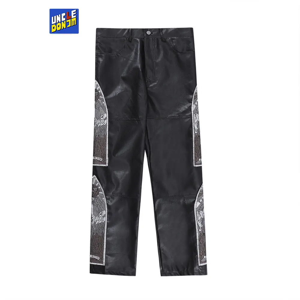 

Брюки мужские прямые из ПУ кожи с вышивкой, y2k