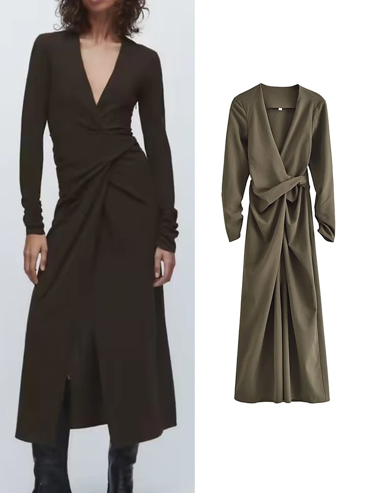 

Платье женское однотонное со складками, до середины икры, с V-образным вырезом