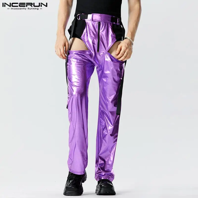 

Casual Fashion Style Trousers INCERUN New Mens Glitter Fabric Coating Hollow Ribbon Long Pants High Waisted Pantalons S-5XL 2023