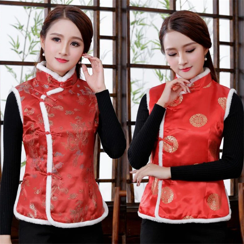 

New Year Women Chinese Style Qipao Tang Suit Thicken Velvet Vest Traditional Evening Party Wedding Cheongsam Retro Satin Dress