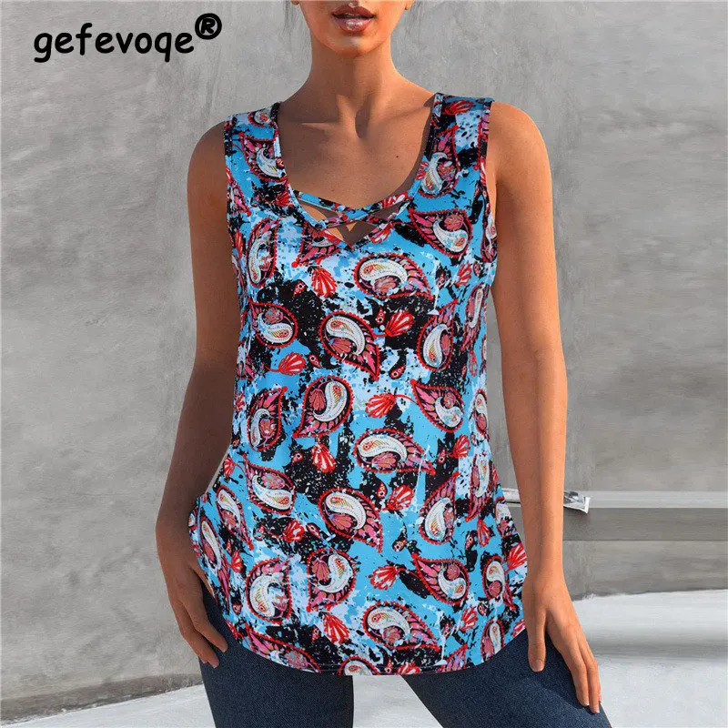 

Sexy V Neck Hollow Out Sleeveless Vintage Floral Print Tee T Shirt Women Summer Casual Loose Tunic Tank Top Female Clothing 2022