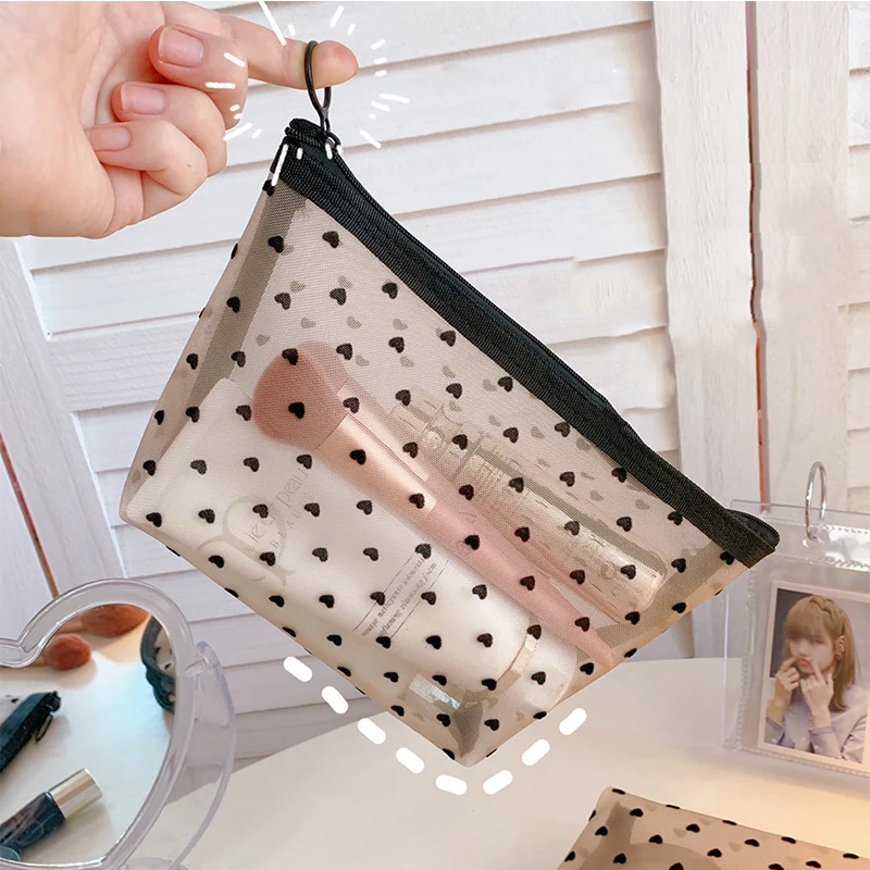 

Women Travel Toiletry Wash Makeup Bag Storage Case New Zipper Make Up Bag Fashion Black Dot Transparent Mesh Cosmetic Bag travel