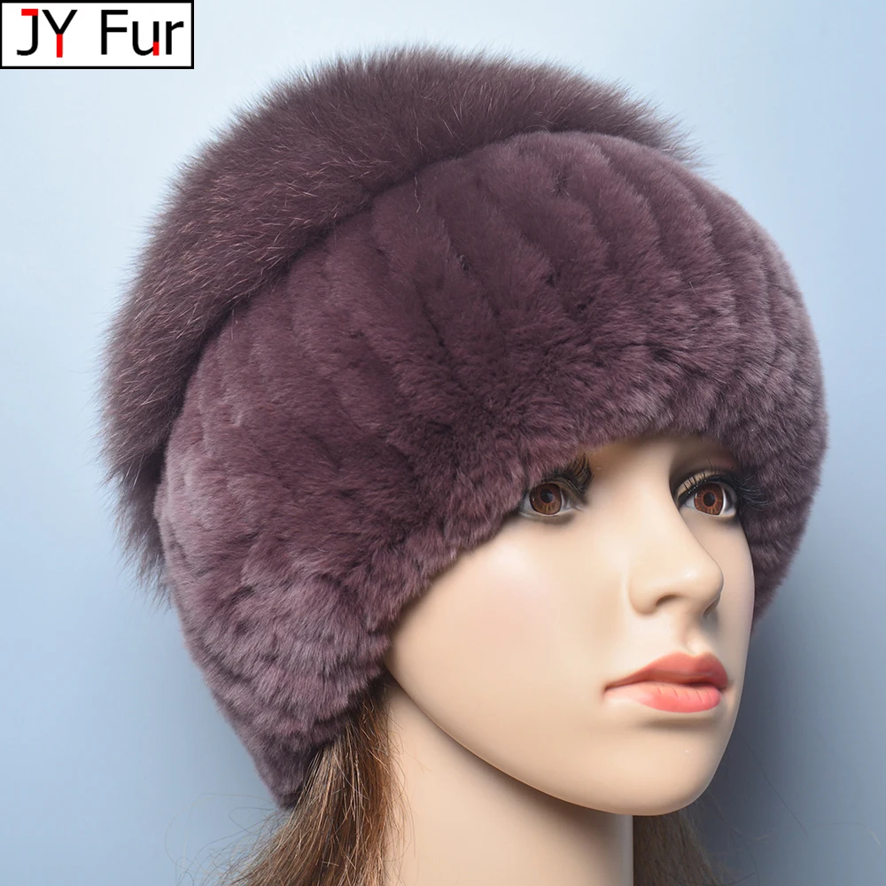 Russia Lady Winter Real Fur Hat Women Warm Knitted Genuine Rex Rabbit Fur Hat Top Natural Fox Fur Bomber Caps Rex Rabbit Fur Cap
