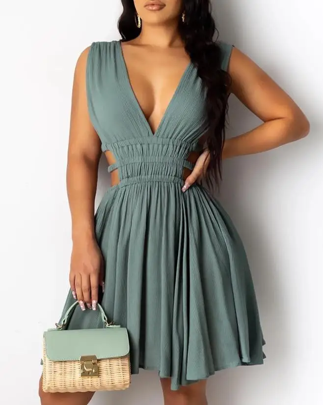 

Women Sexy Shirred Backless Dress of 2023 Summer European & American Plunge Cutout Ruched Fashion Mini Sleeveless A Line Dresses