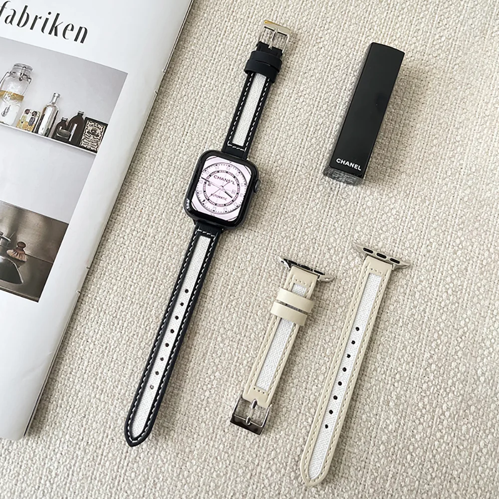 For apple watch band canvas leather  watch strap apple watch7/SE/6/5/4 leather Korean simple and fine section