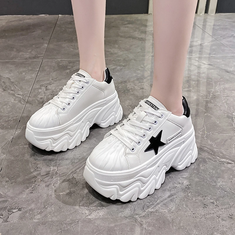 

Chunky Platform Leather Sneakers Women High Heels Thick Bottom Vulcanize Shoes Woman New Spring Autumn 8CM Increase Casual Shoes