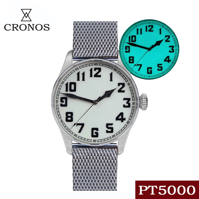 

Мужские автоматические часы-авиаторы CRONOS, мужские механические наручные часы, спортивные строгие полностью светящиеся часы с циферблатом 100 м, водонепроницаемые, с сапфировым стеклом PT5000