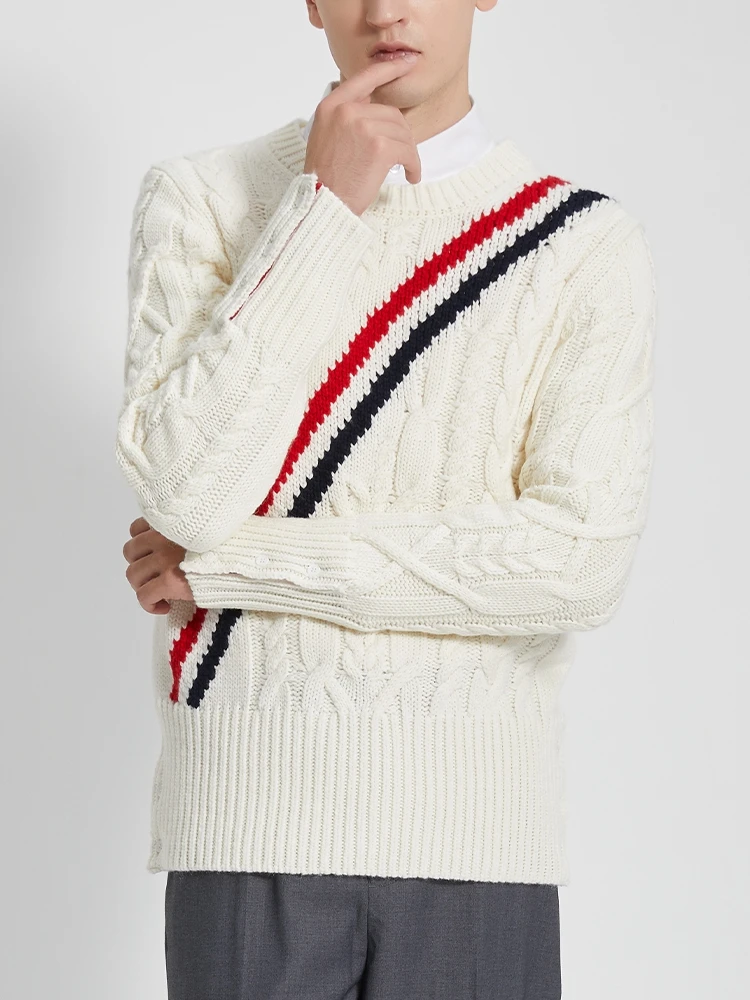 TB THOM Diagonal Stripes Men's Sweater Winter Luxury Brand Pullovers  Men High Quality Merino Wool Crew Neck Men's Sweaters