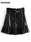Юбка из искусственной кожи Aachoae женская, черная, с ремнем, в уличном стиле, с оборками, плиссированная мини-юбка, трапециевидная, сексуальная, короткая
