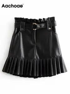 Юбка из искусственной кожи Aachoae женская, черная, с ремнем, в уличном стиле, с оборками, плиссированная мини-юбка, трапециевидная, сексуальная, короткая