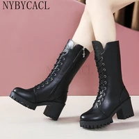 women 7cm high heel boots black casual mid tube knight boots round toe zipper boots autumn winter leather warm boots size 35 41