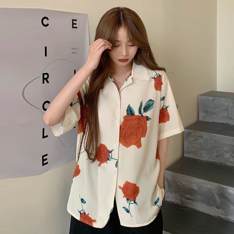 

Summer Vintage Print Rose Shirts Women Loose Casual Button Up Shirt Korean Fashion Short Sleeve Tops Student Outwear New 2022