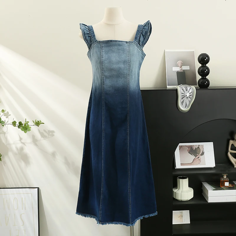 

Fashion Women Gradient Denim Dress Cute Flying Sleeve A-Line Frayed Hem Split Summer Vestidos Female Casual Outfit Dresses