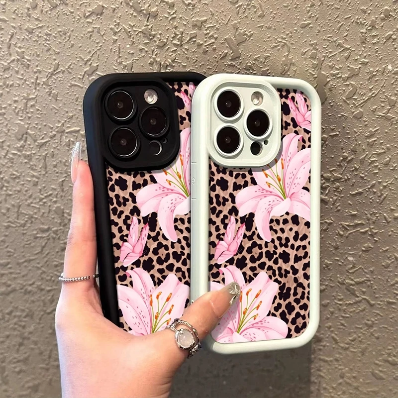 Фото Чехол для телефона с леопардовым принтом и розовыми лилиями для iPhone 17 16 Pro Max 11 13 12 14 15 8 7 Plus XS XR X 16E 17E, противоударный, из ТПУ №2