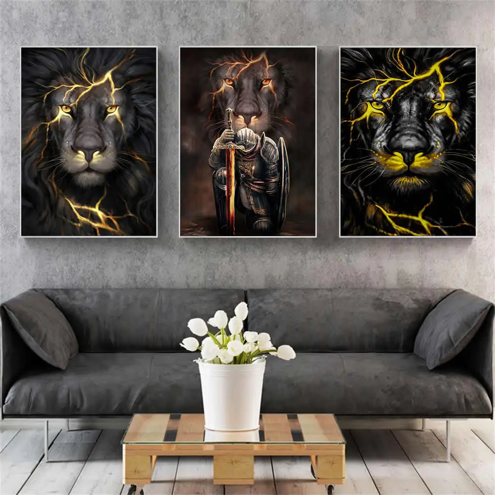 

Canvas Print Painting Animal Lion with Knight Dark Posters Pictures the Wall Art for Living Room Bedroom Vintage Home Decoration