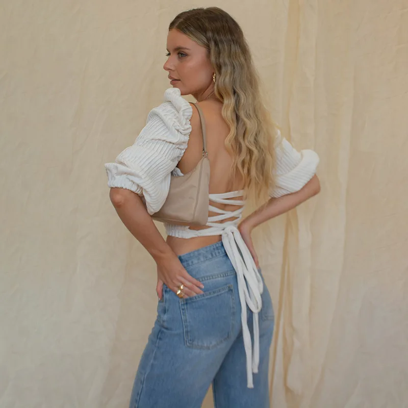 

Women's Sexy Square Neck Puff Half Sleeve Crisscross Tie Backless Crop Tops Shirt Back Lace Up 2021 Fashion Party Streetwear Tee