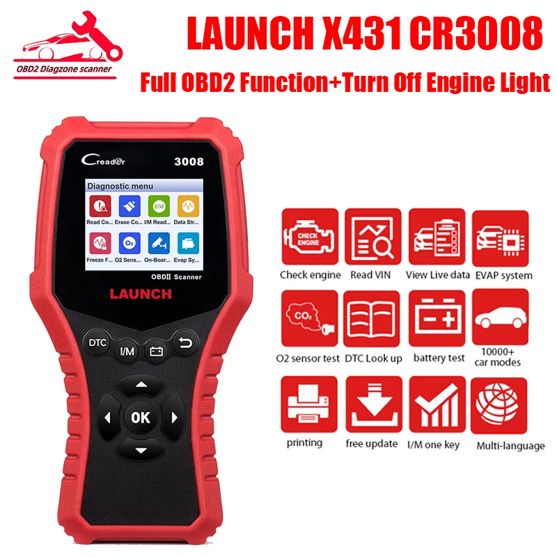 LAUNCH X431 CR3008 OBD2 Scanner Check Engine Battery Code Reader Car Diagnostic Tool Auto OBDII Tool Free Update Pk CR3001 KW850