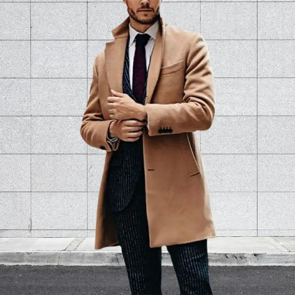

Formal Winter Coat Single-breasted Lapel Long Men Solid Color Business Coat