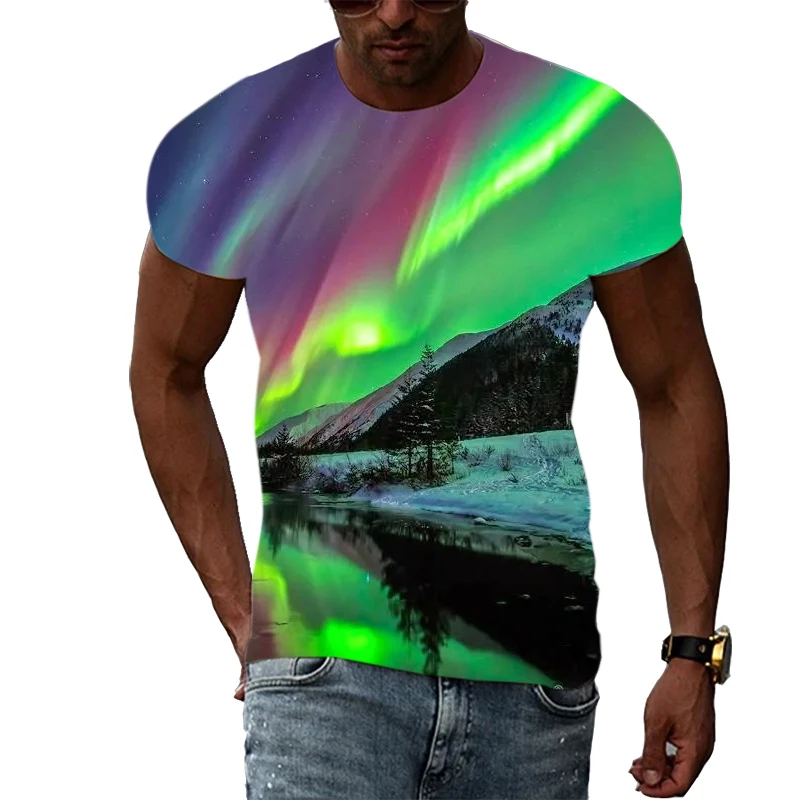 

Summer new 3D men's creative aurora pattern T-shirt fashion breathable leisure personality landscape pattern short-sleeved top