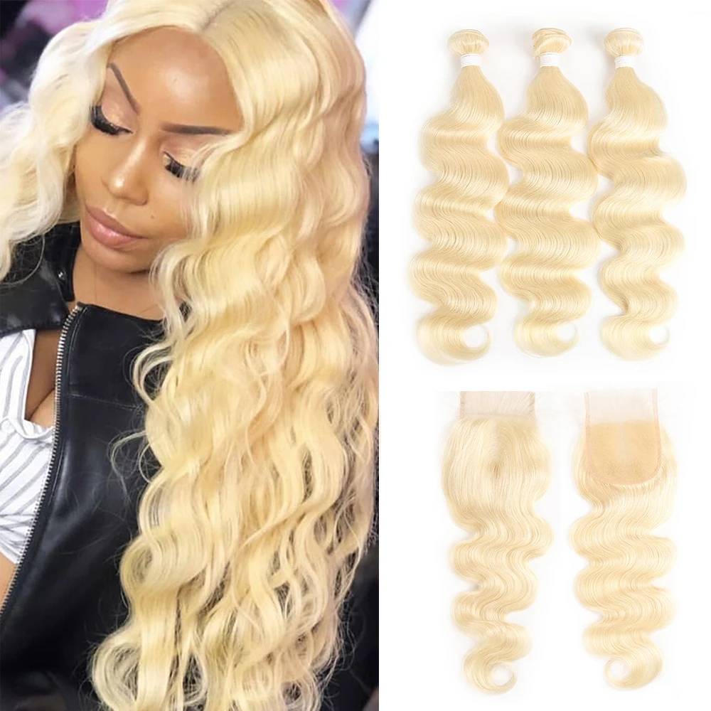 613 Blonde Body Wave Human Hair Bundles With Closure 4x4 Platinum Blonde 3 Bundles With Closure Non-Remy Hair Weave Extension