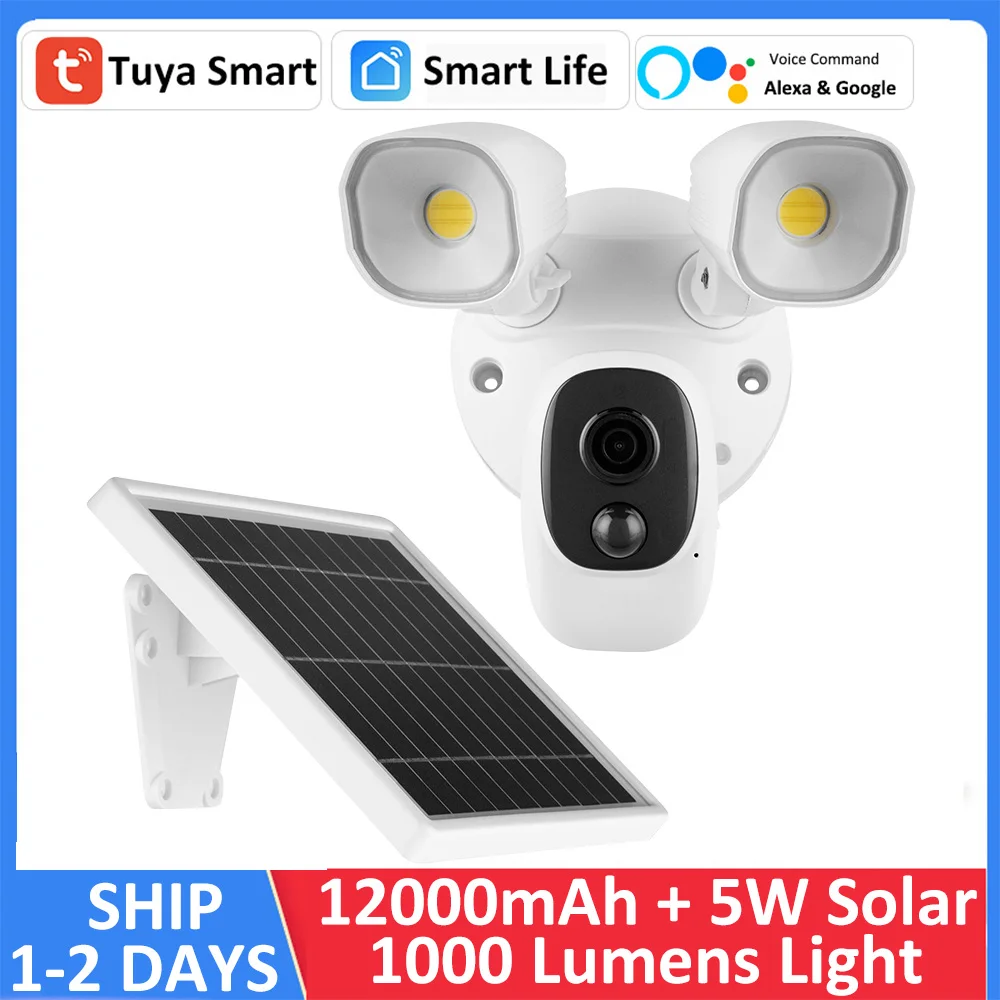 Tuya Smart Alexa Google Battery Solar Powered Spotlight Wire-Free WiFi FHD 1080P Outdoor PIR Floodlight Surveillance CCTV Camera