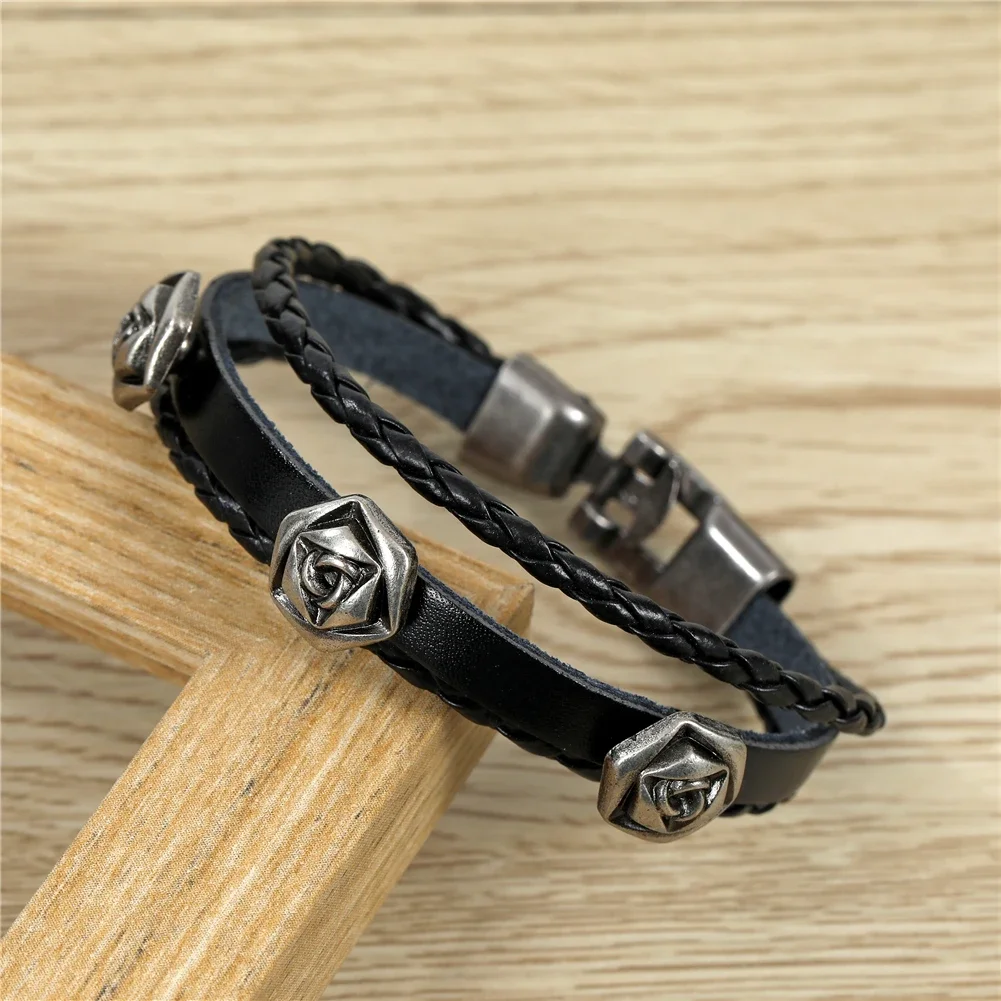 Классический черный кожаный браслет регулируемый размер розовый для мужчин